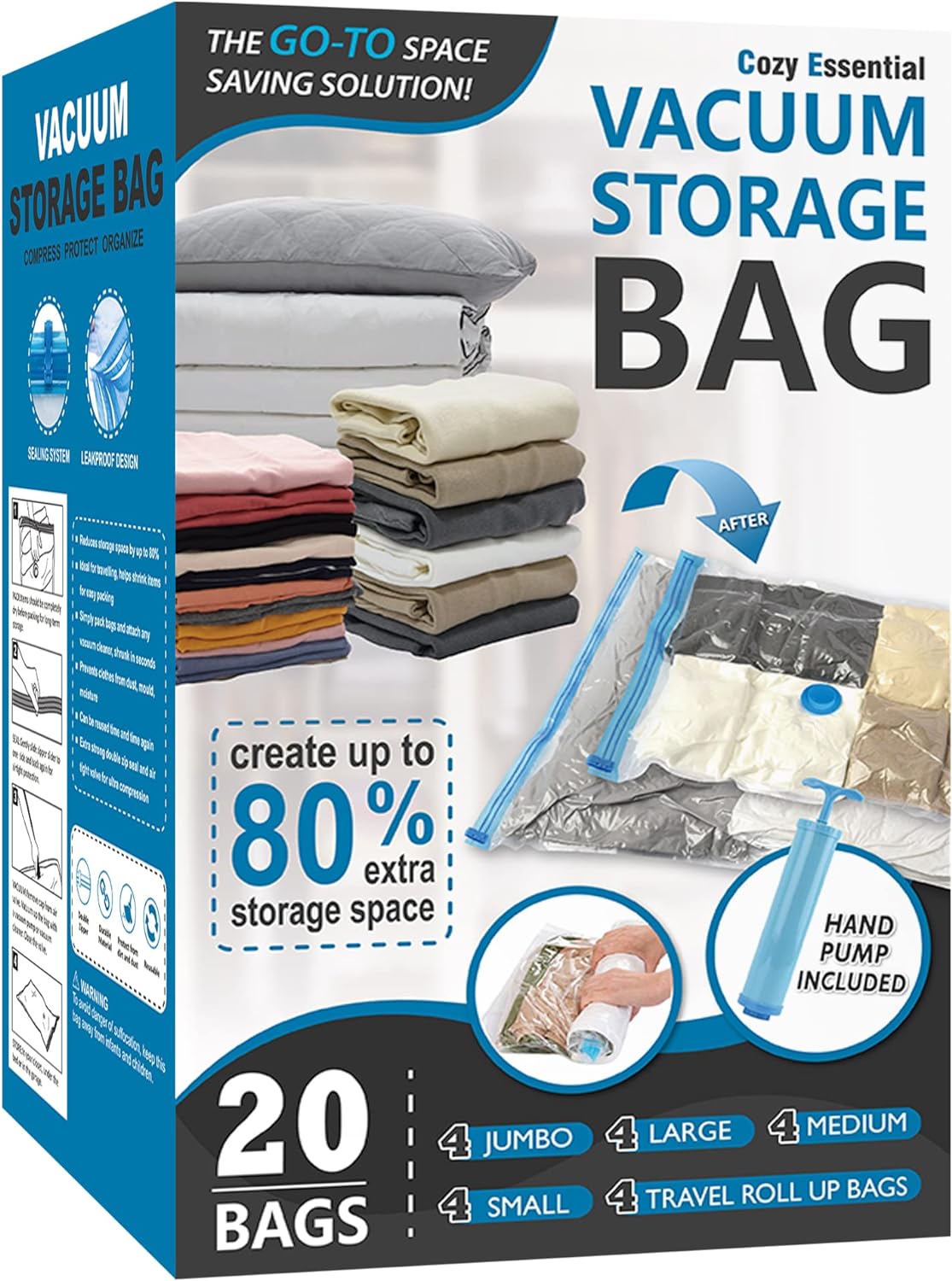 Cozy Essential 20-Pack Vacuum Storage Bags with Hand Pump
