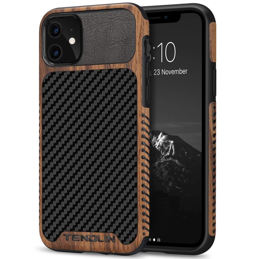Carcasa Tendlin para iPhone 11 con veta de madera y fibra de carbono
