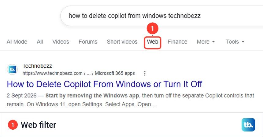 Google Search with the Web filter selected, showing a Technobezz guide as a plain link result