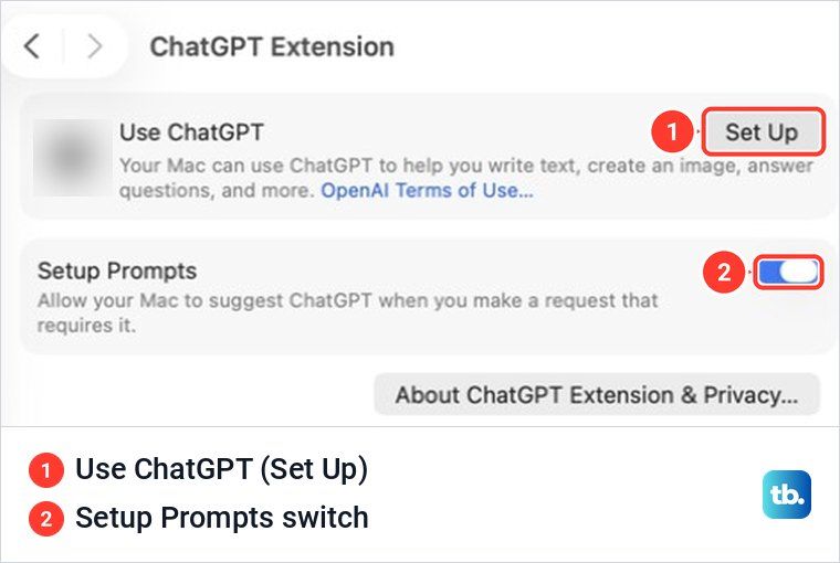 Mac ChatGPT Extension settings with Use ChatGPT and the Setup Prompts switch