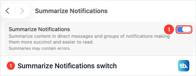 Mac System Settings with the Summarize Notifications switch
