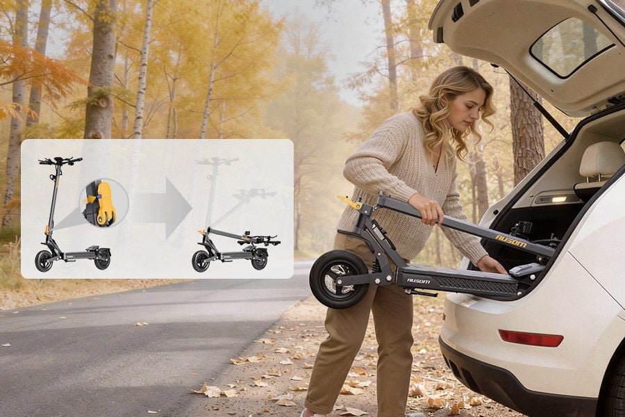 Folded Ausom Gosoul 2 electric scooter being loaded into a car trunk