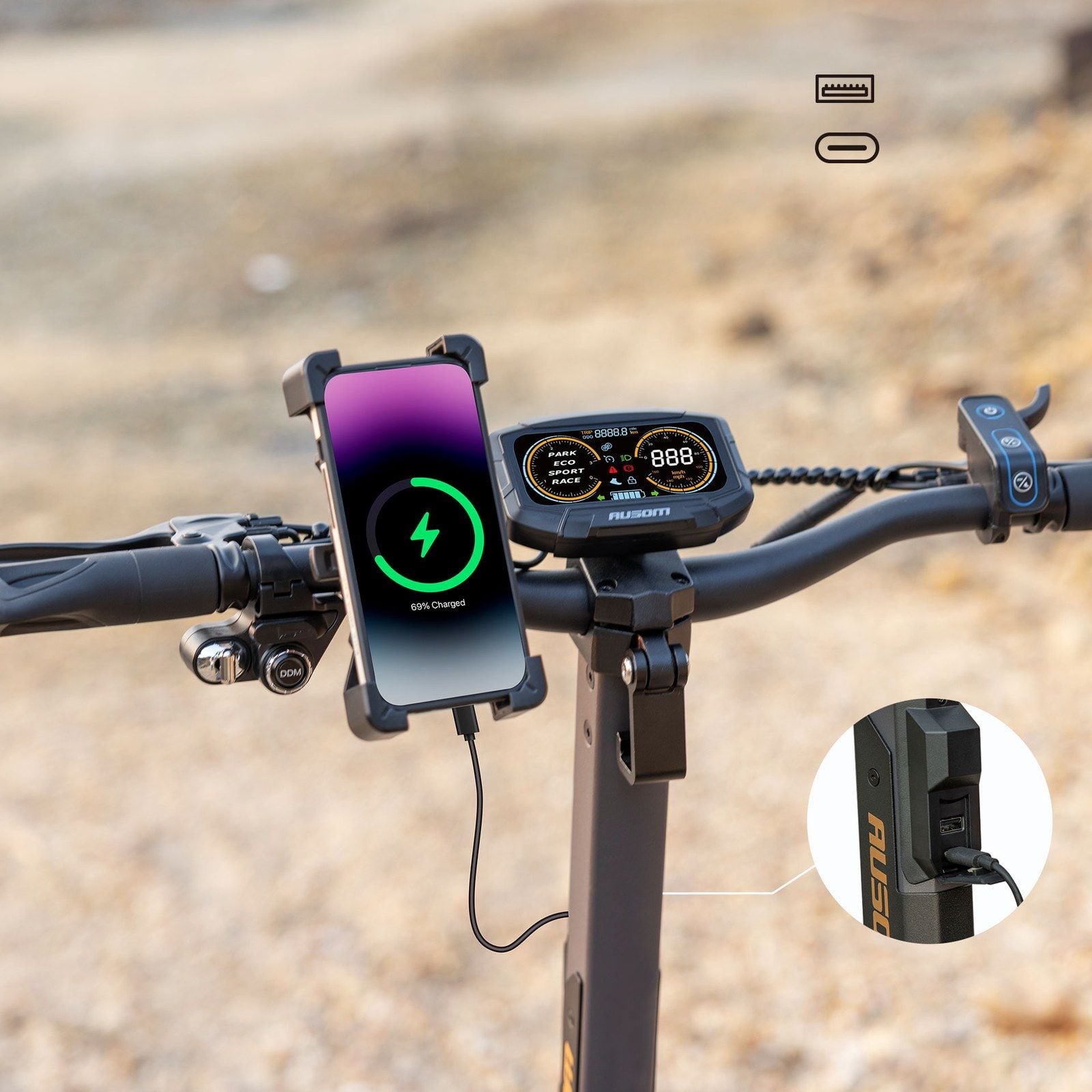 Ausom L2 Max Dual Motor handlebar with a phone mount, charging from the scooter USB port