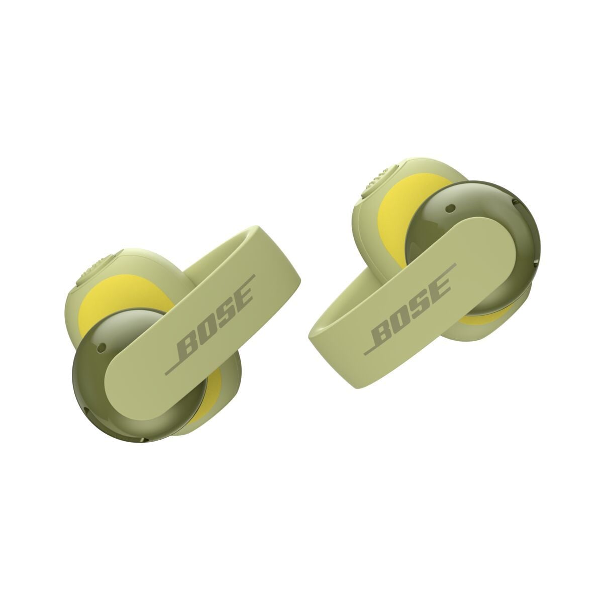 Bose Sport Open Earbuds in Eucalyptus Green showing the silicone cuffs and textured buttons