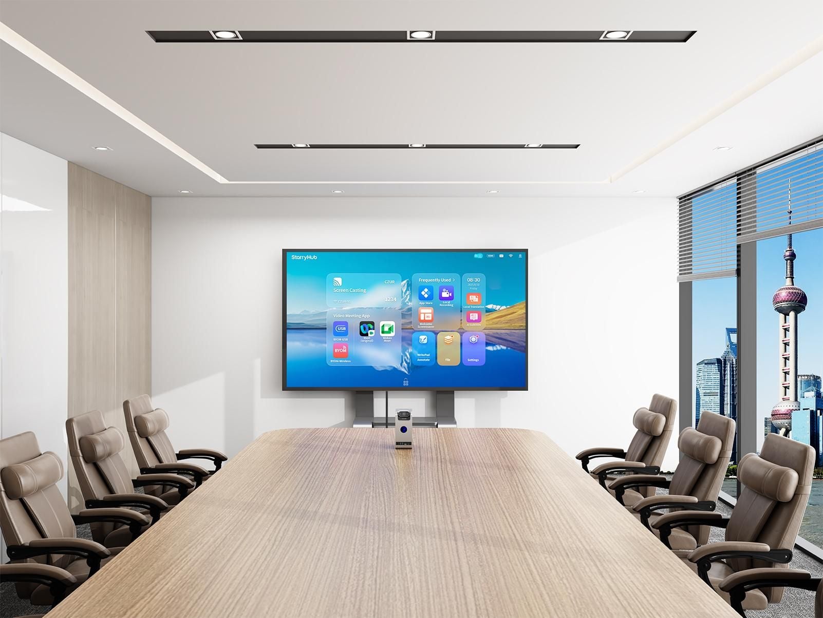 CZUR StarryHub Core20 connected to a wall display in a conference room