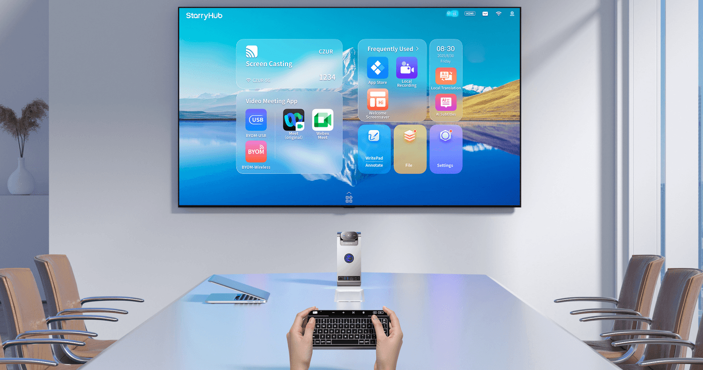 CZUR StarryHub Core20 interface showing casting, video meeting apps, local recording and translation tools