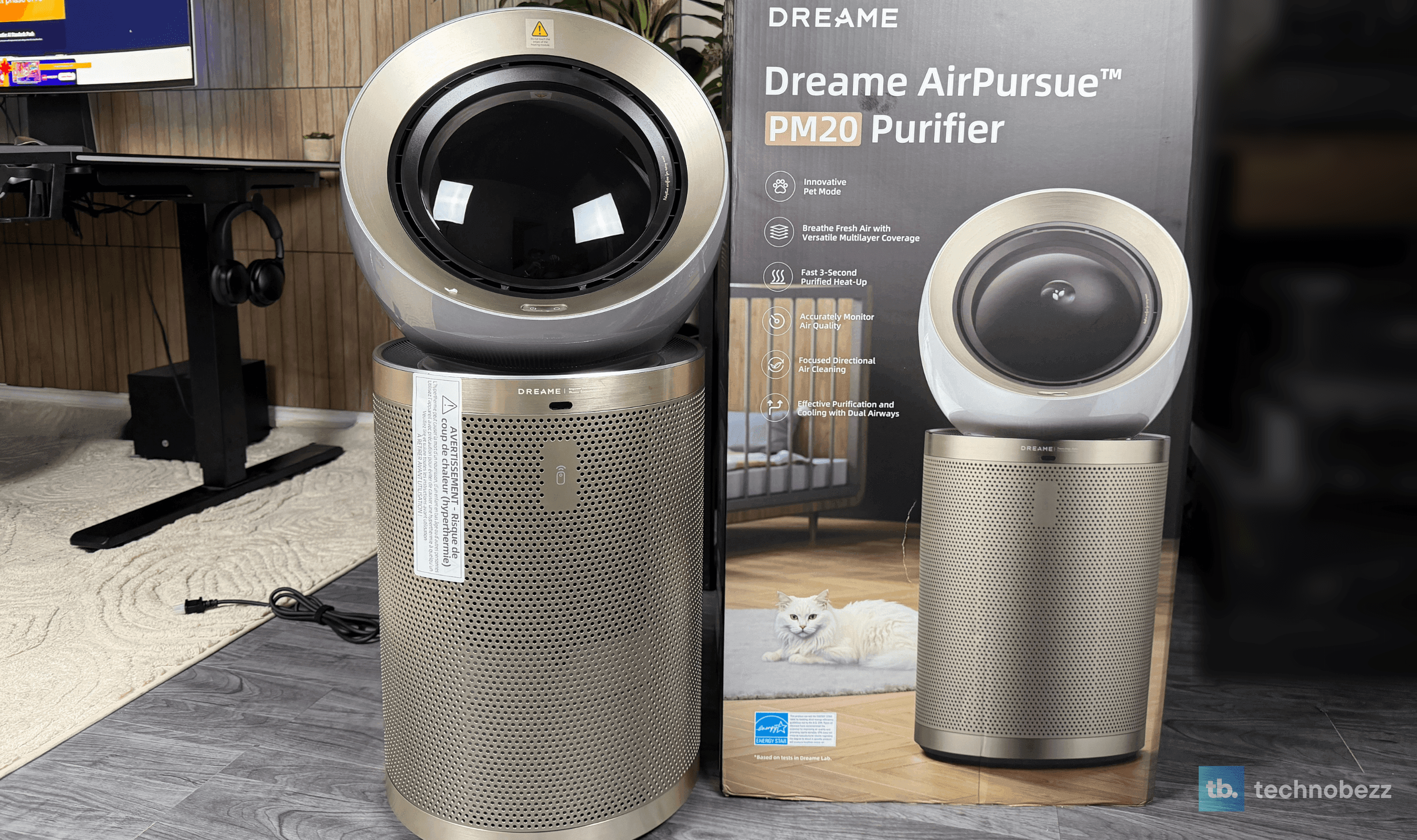 Dreame AirPursue PM20 air purifier, heater and fan standing next to its box in our office