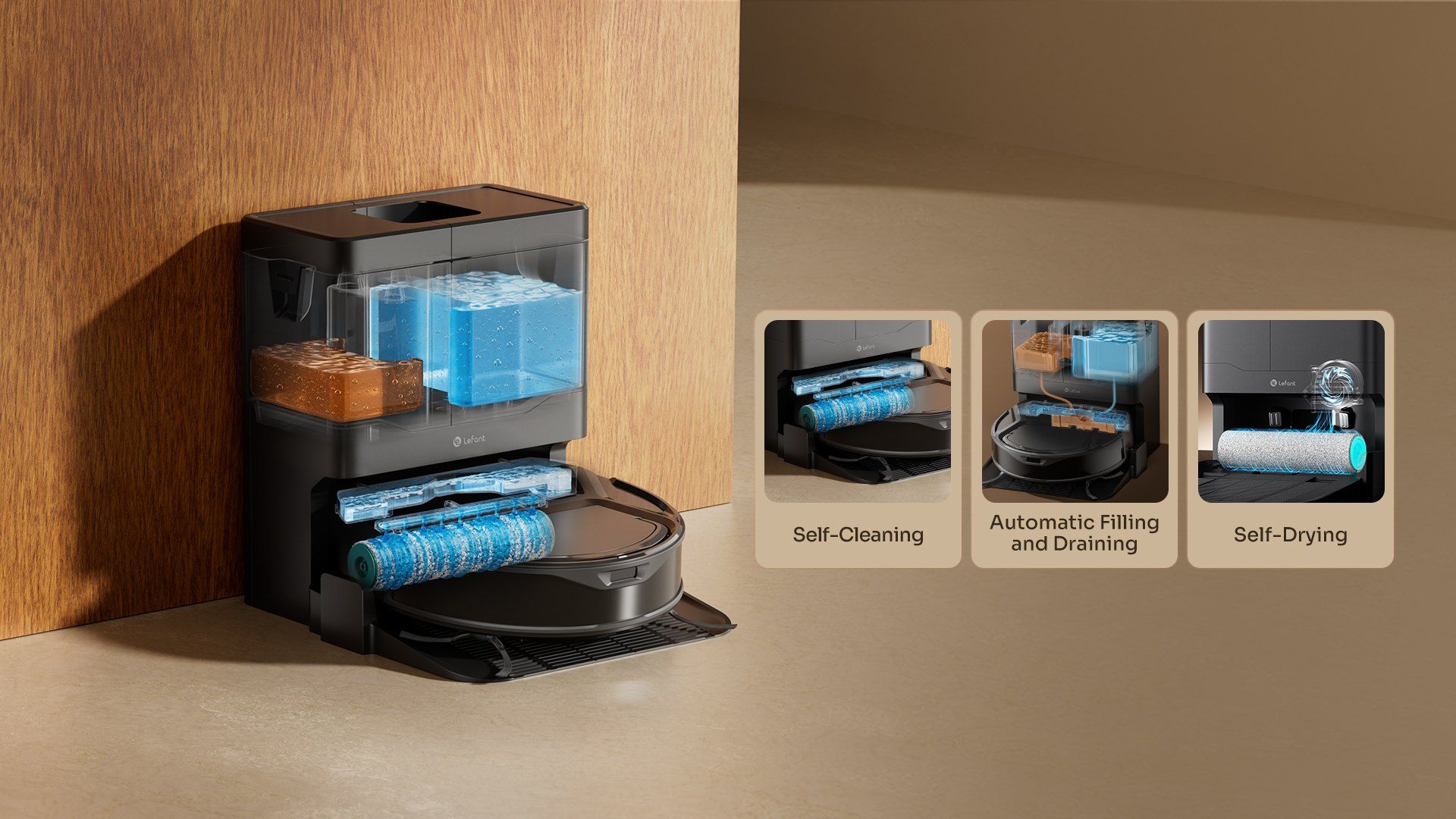 Lefant M210 OMNI docked in its all-in-one base station, with panels showing self-cleaning, automatic filling and draining, and self-drying