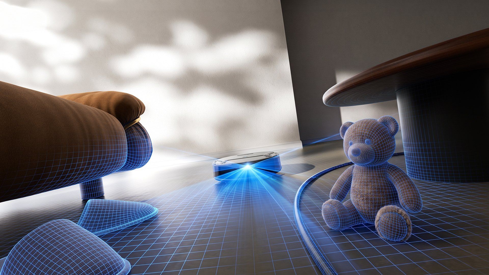 Lefant M210 OMNI scanning a living room floor with its PSD 2.0 sensors ahead of a sofa and a toy