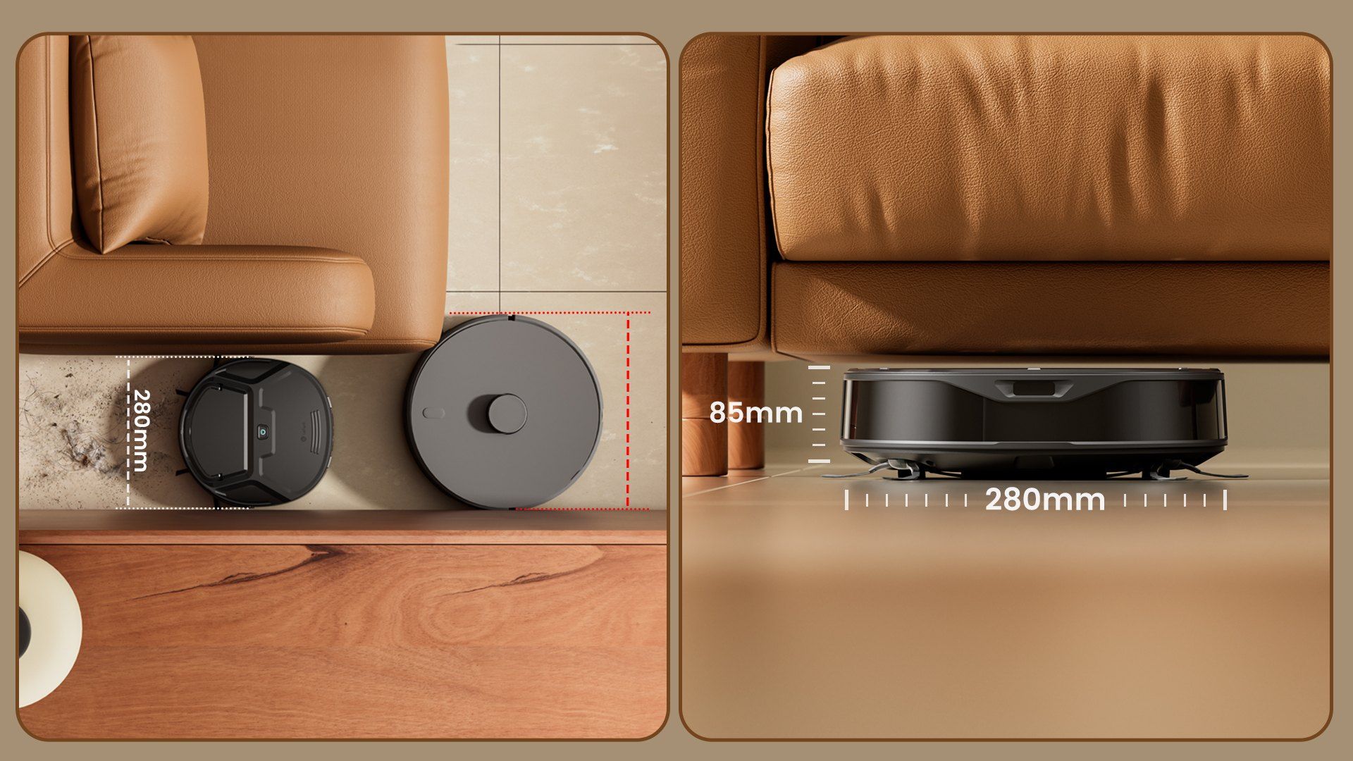 Lefant M210 OMNI robot vacuum sliding under a sofa, with its 85mm height and 280mm width marked