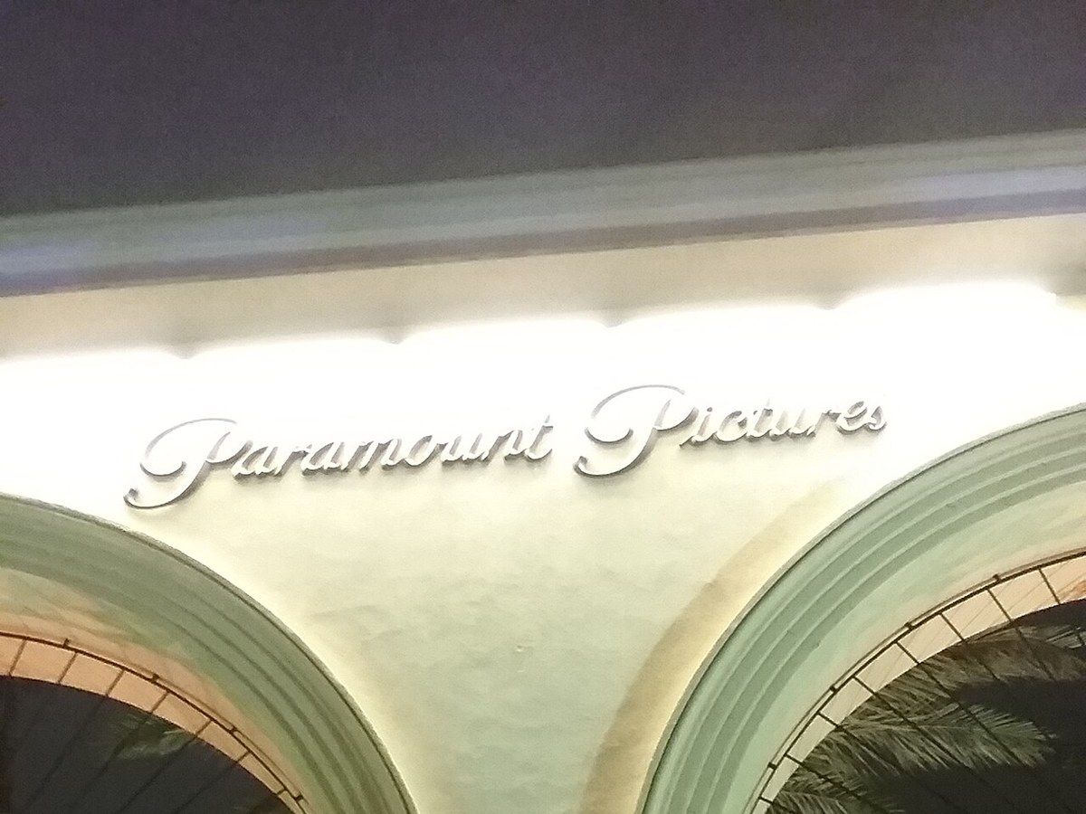 The Paramount Pictures Melrose Gate in Los Angeles at night