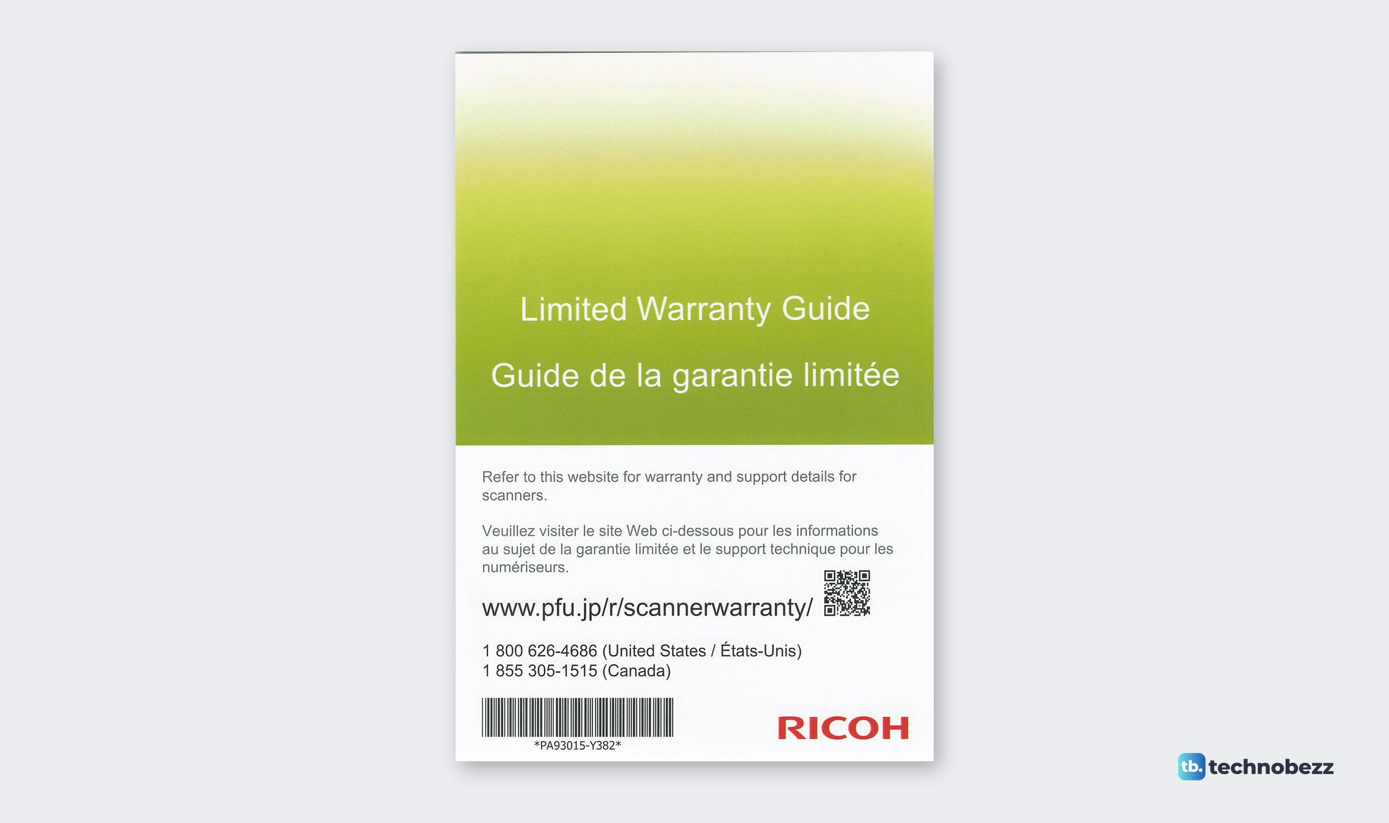 Ricoh warranty guide card scanned in color by the SP-2240N at 300 dpi