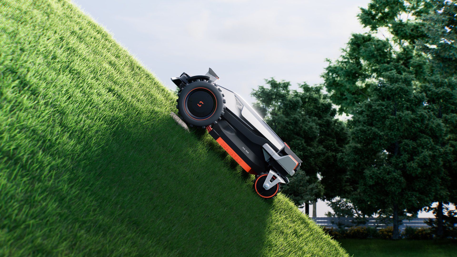 Sunseeker Elite X9 robot mower climbing a steep grass slope