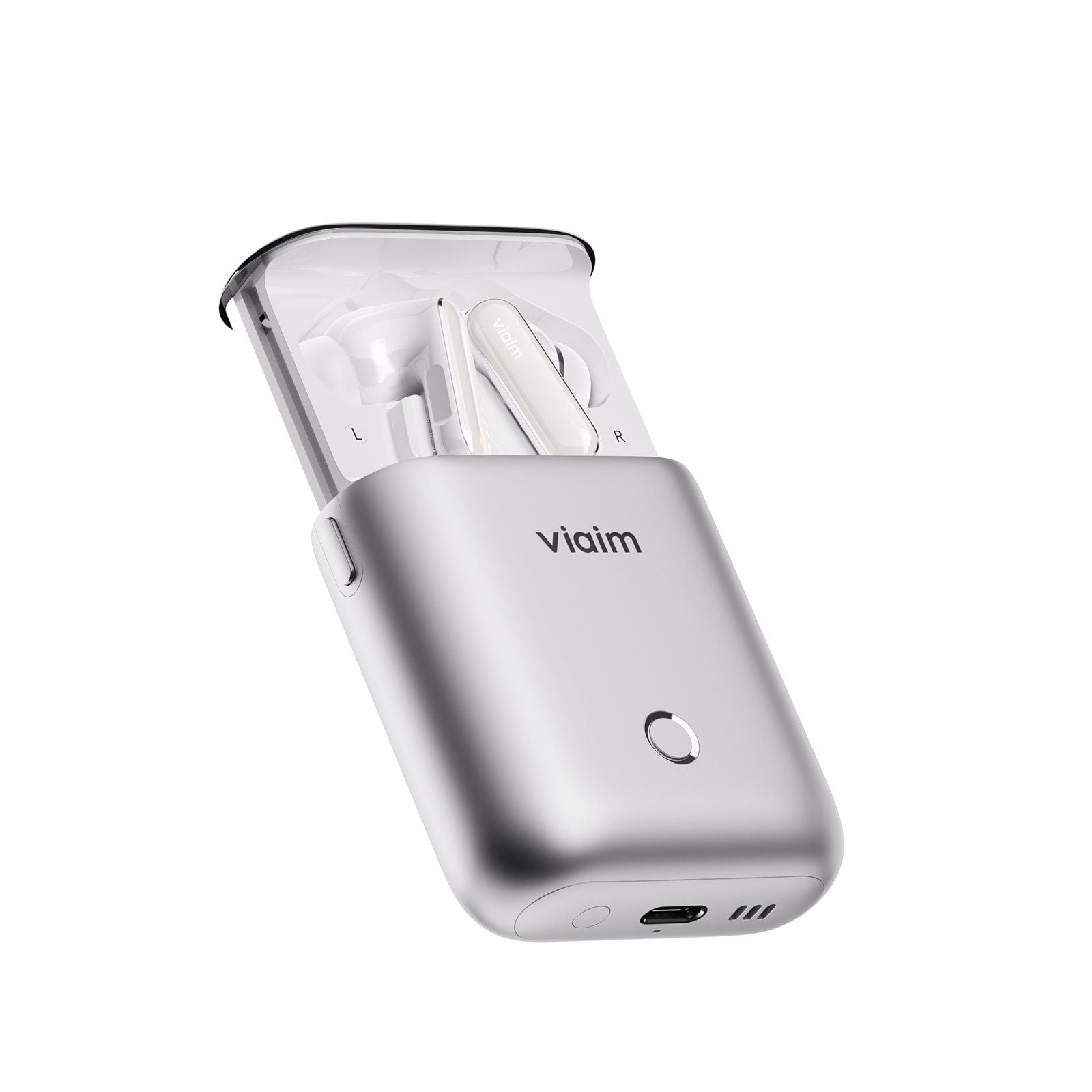 viaim Rise Smart Case open at an angle with both earbuds docked and the AI button on the front