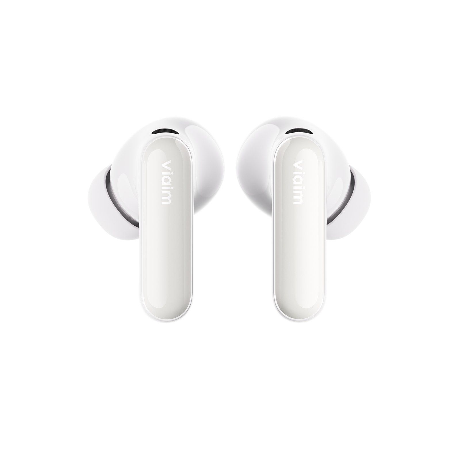The viaim Rise earbud pair in white with silver-accented stems