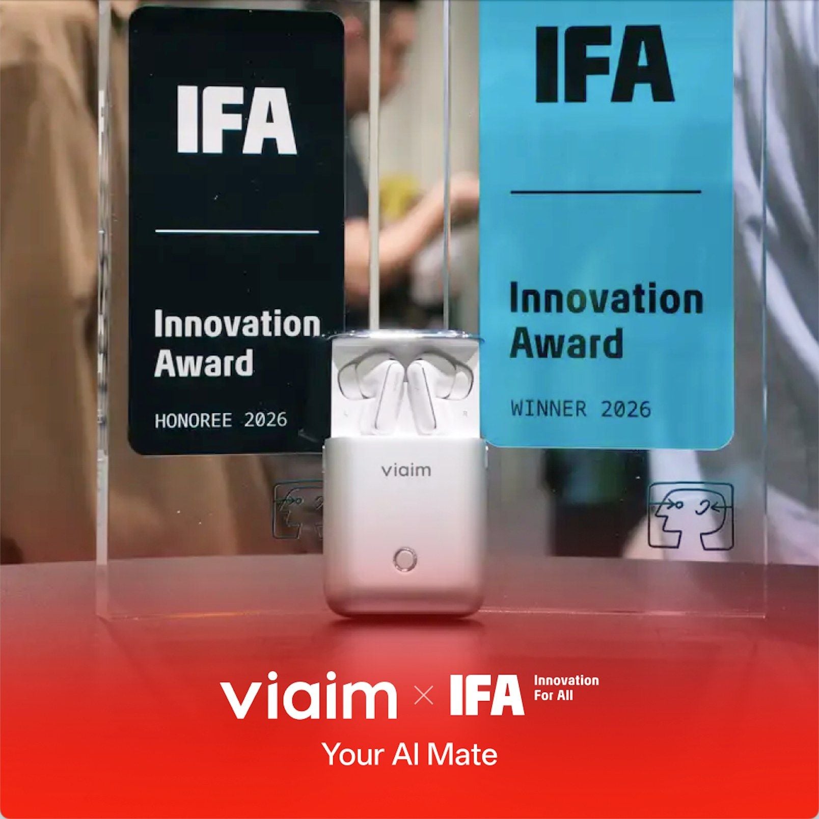 viaim Rise between its two IFA 2026 Innovation Award plaques, Best in Audio winner and Best in Design honoree
