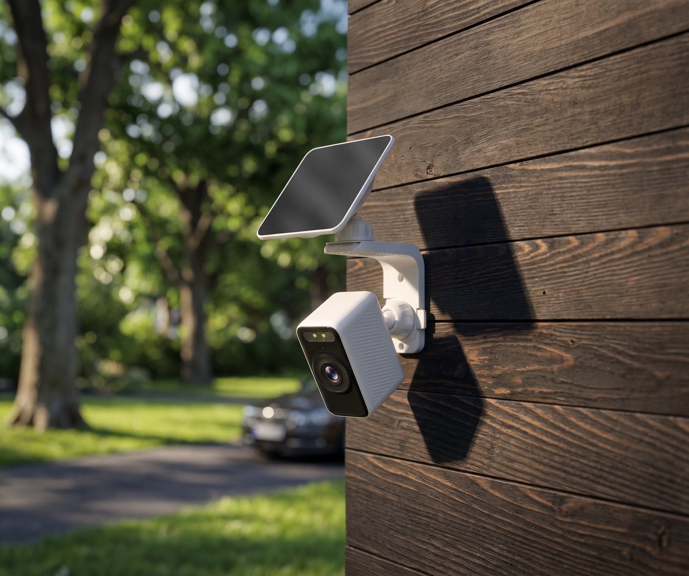 Wyze Solar Cam and solar panel on a wooden wall
