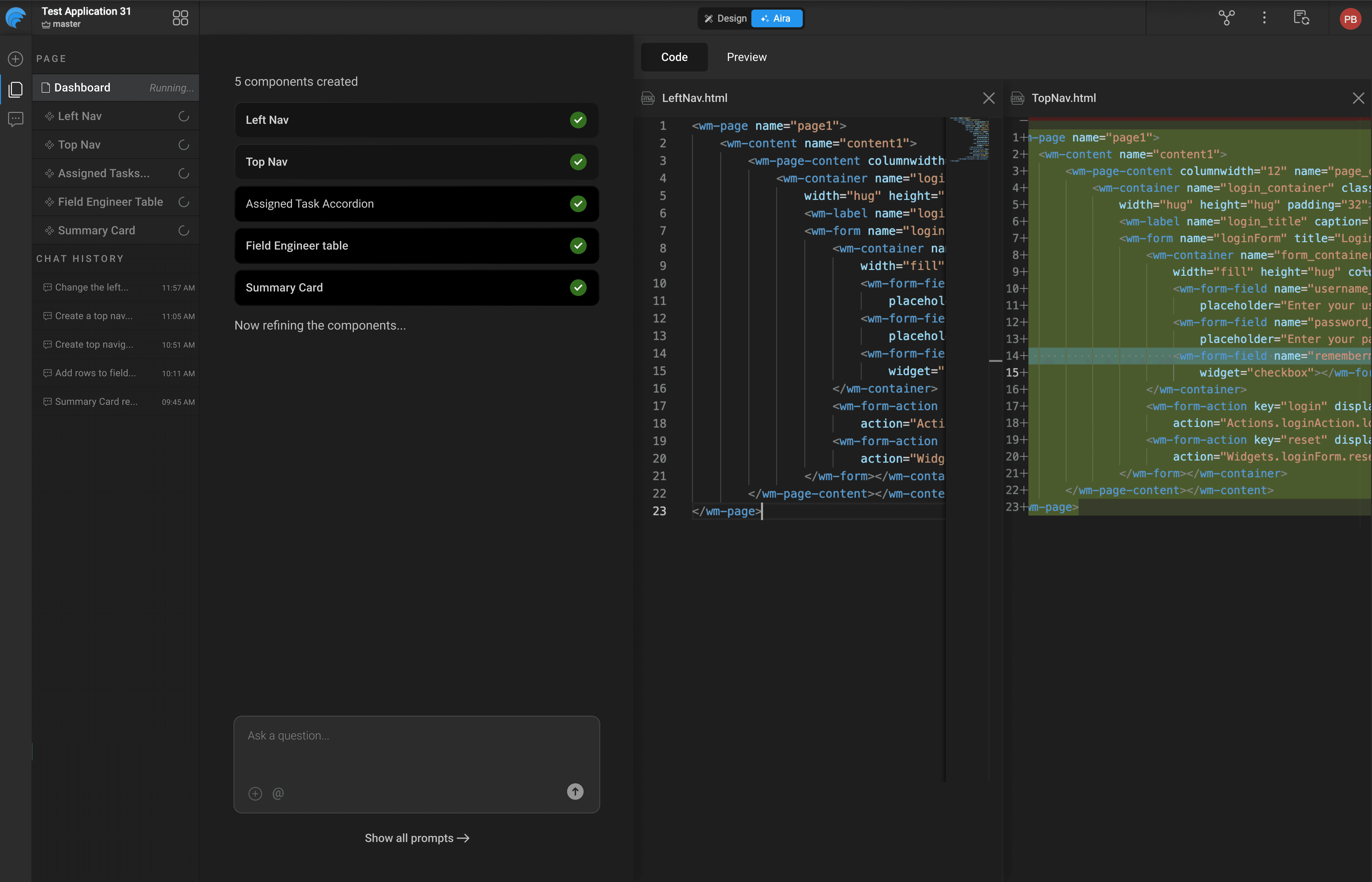 WaveMaker AI agent generating application components with code output