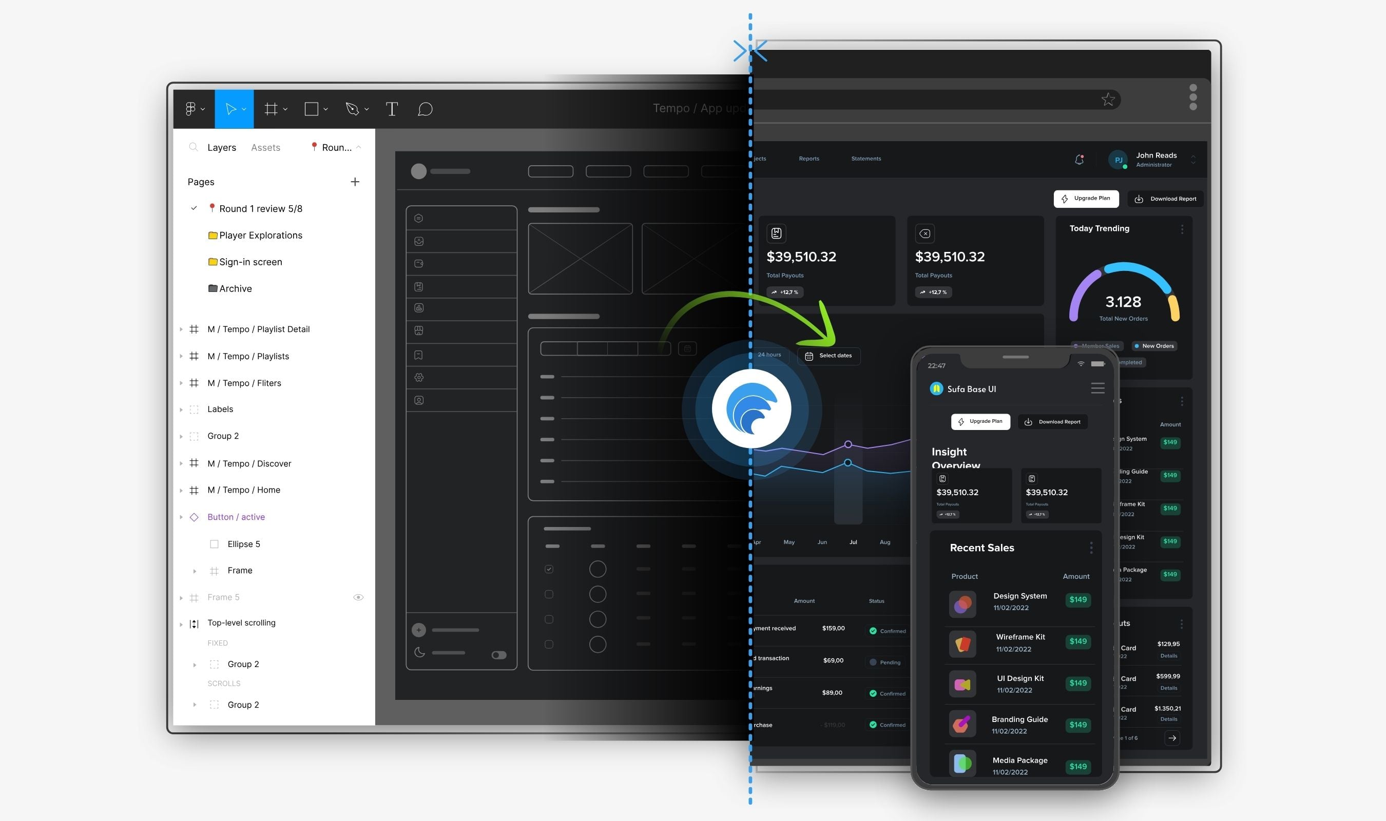 Side-by-side comparison of a Figma design and the resulting WaveMaker-generated application
