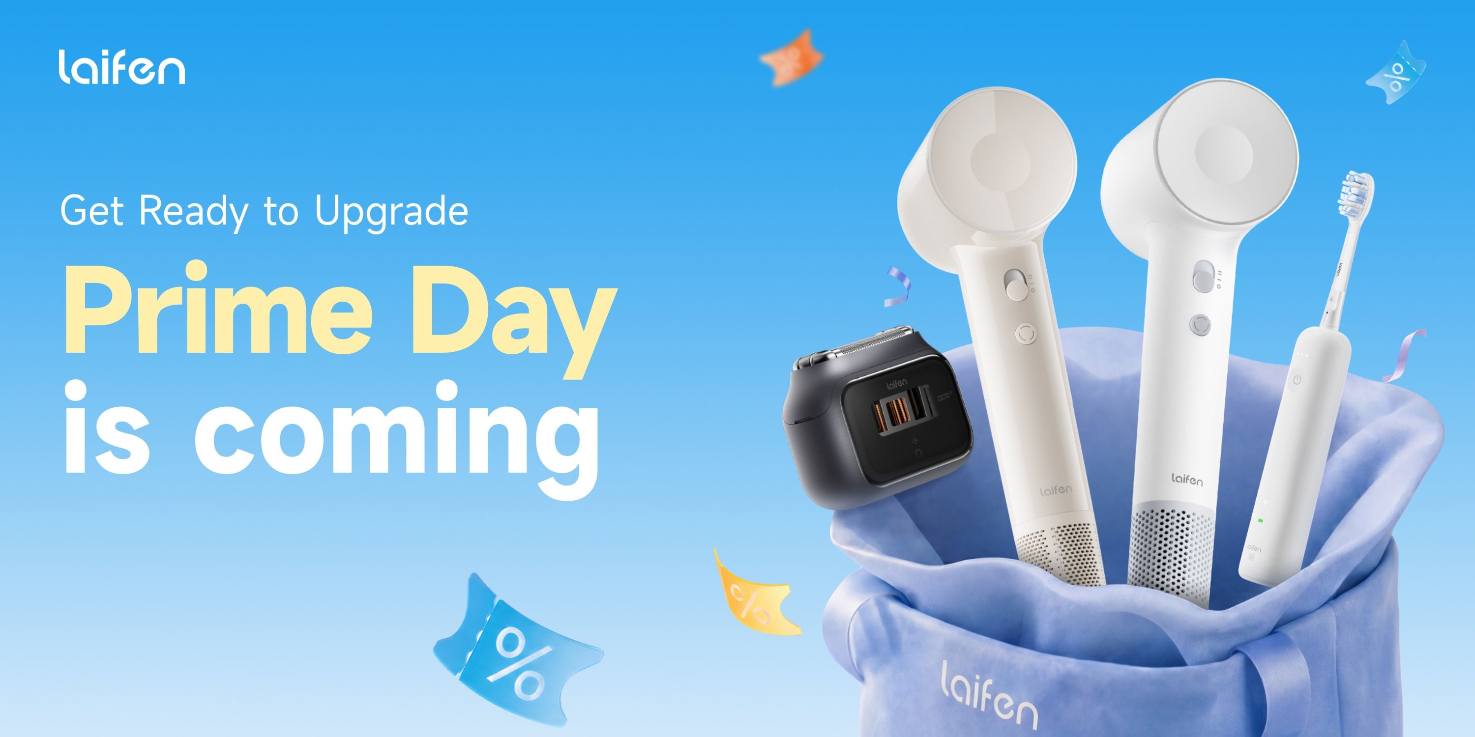 The Laifen Prime Day lineup with the P3 Pro shaver, two SE high-speed hair dryers, and a Wave electric toothbrush tucked into a blue Laifen pouch