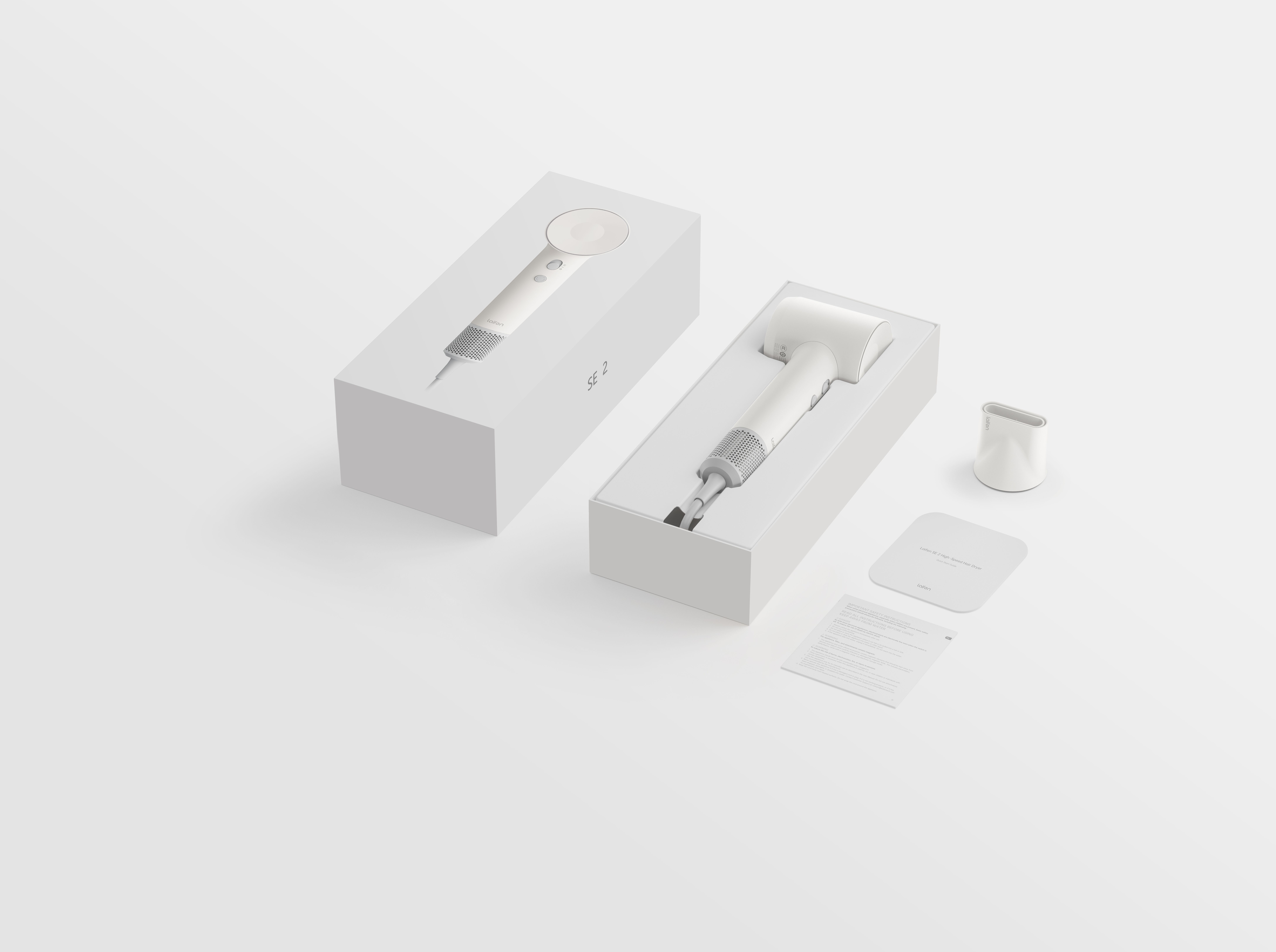 Laifen SE 2 high-speed hair dryer in white beside its box and nozzle