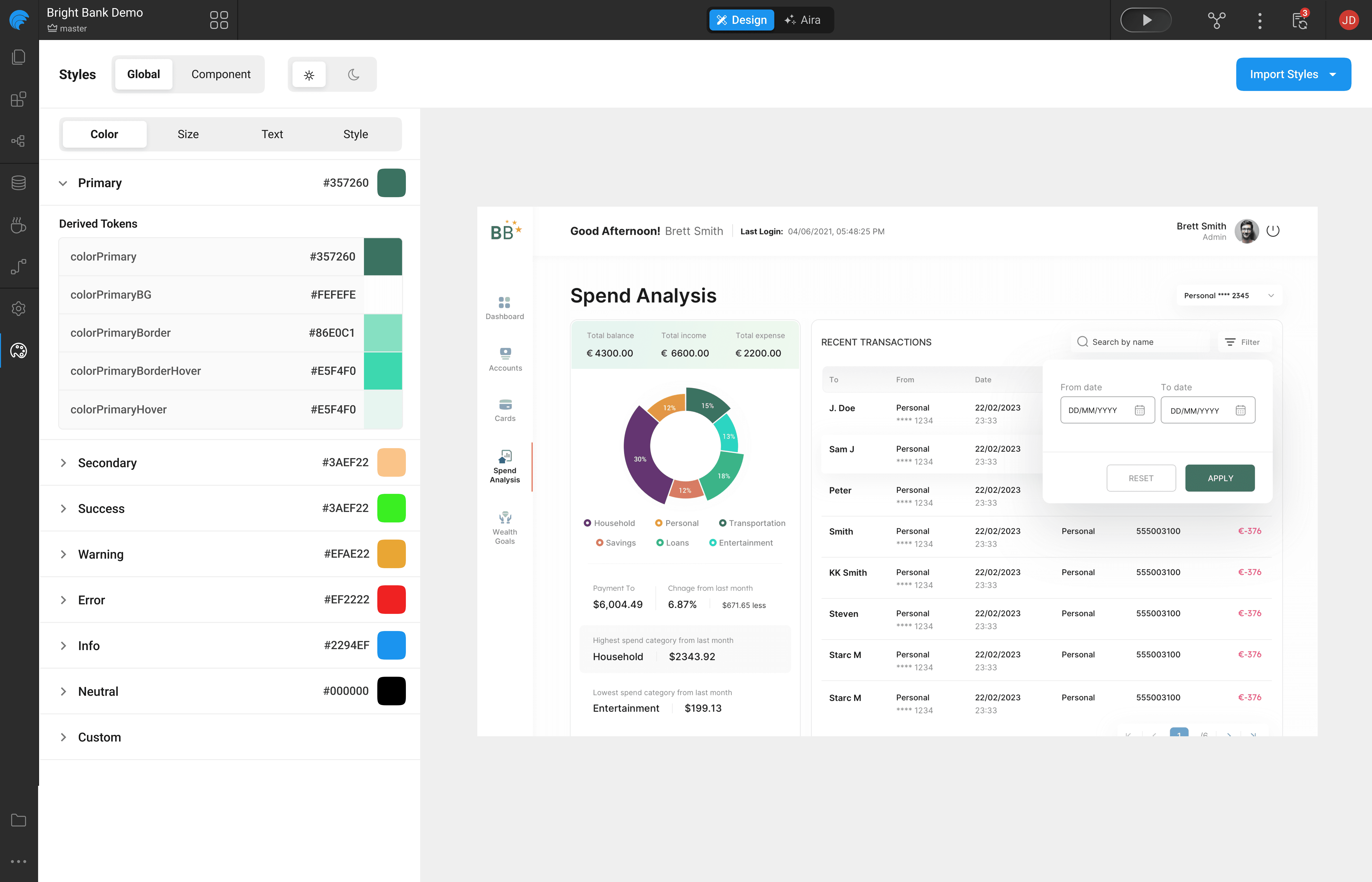 WaveMaker style workspace showing design tokens and color theme editor