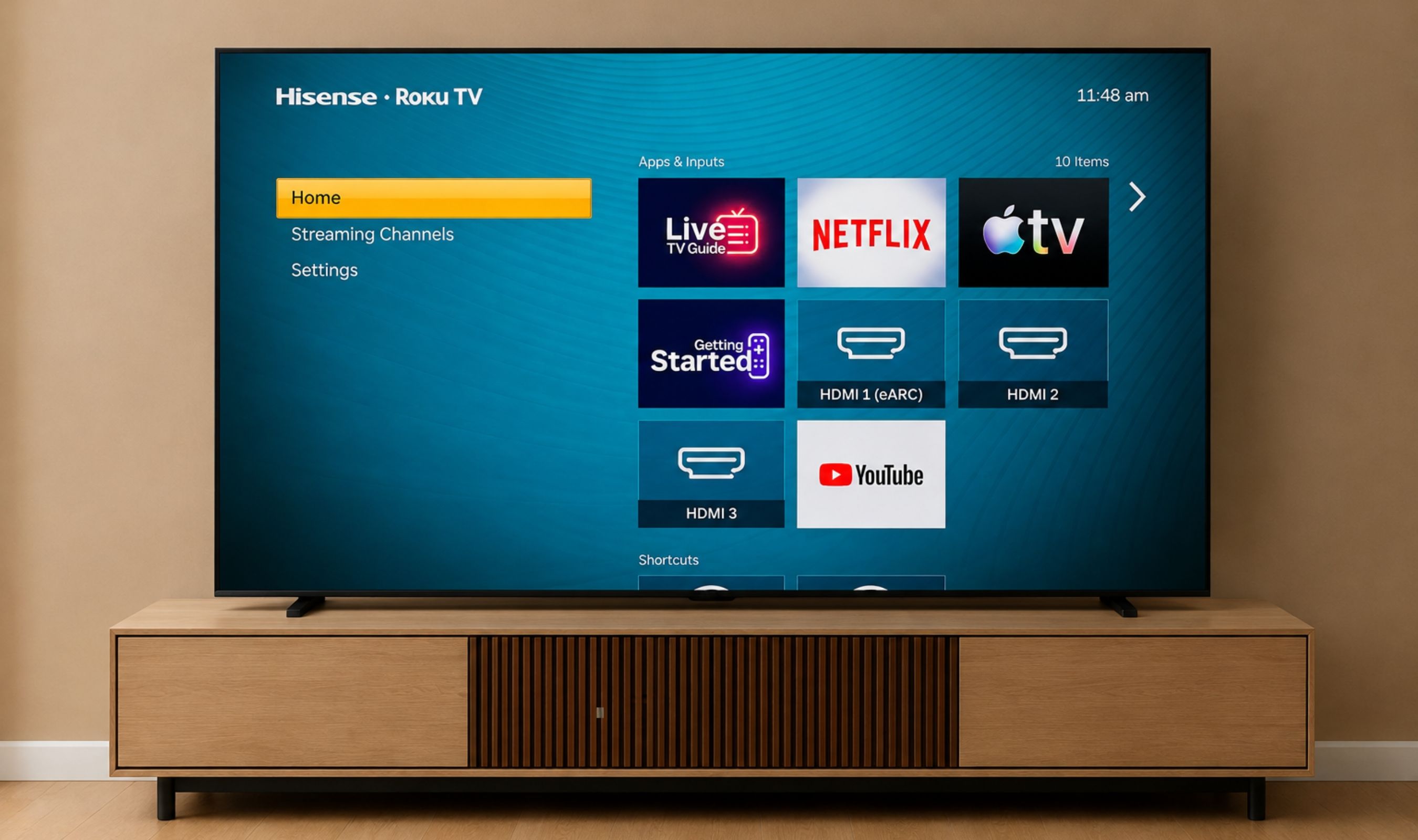Roku TV home screen on the Hisense M7SR with apps and HDMI inputs