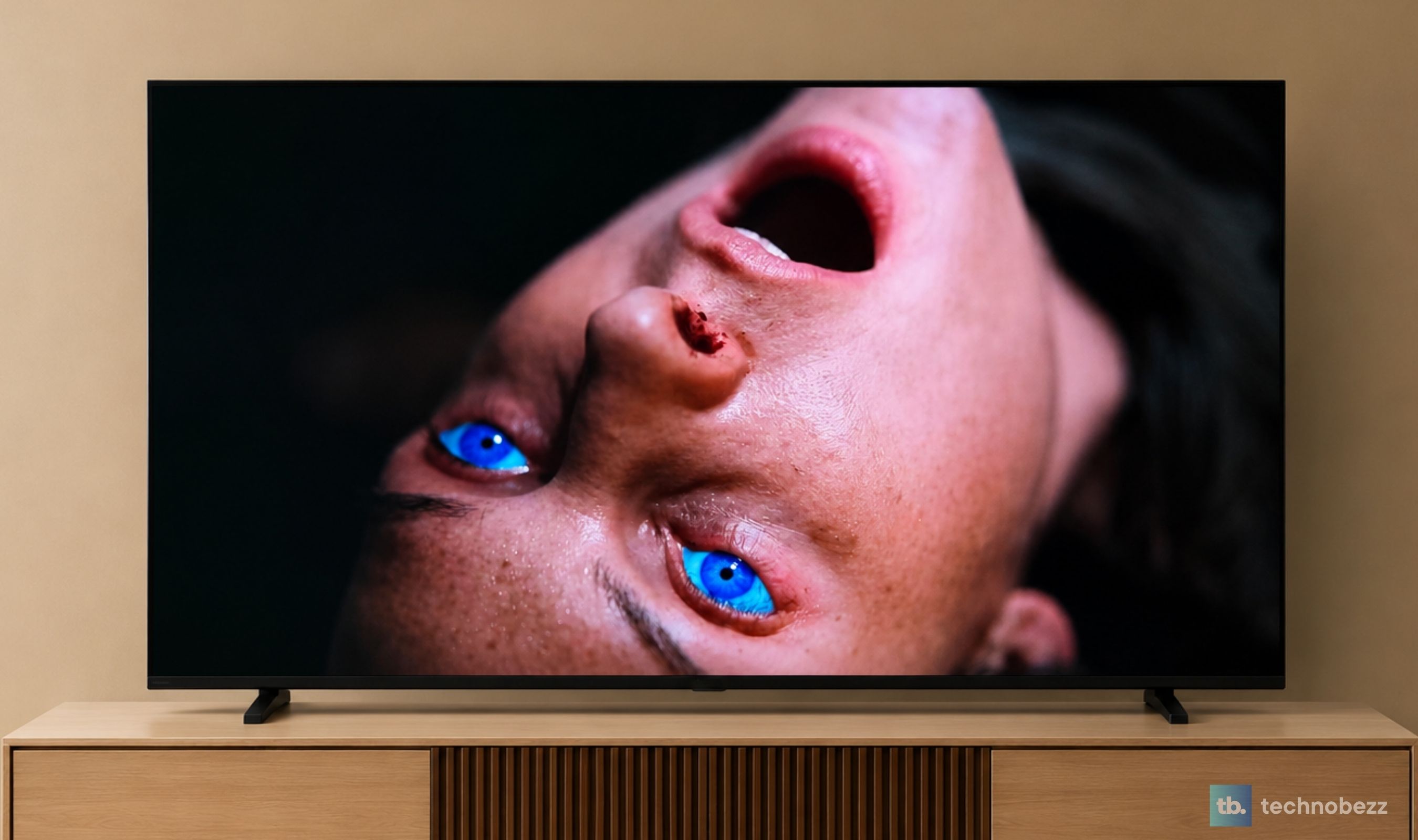 Close-up film frame on the Hisense M7SR showing fine facial detail