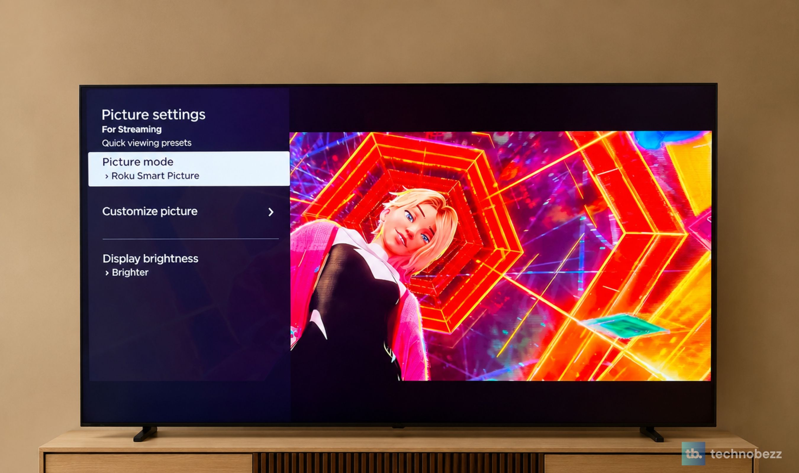 Roku picture settings menu on the Hisense M7SR with Picture mode set to Roku Smart Picture