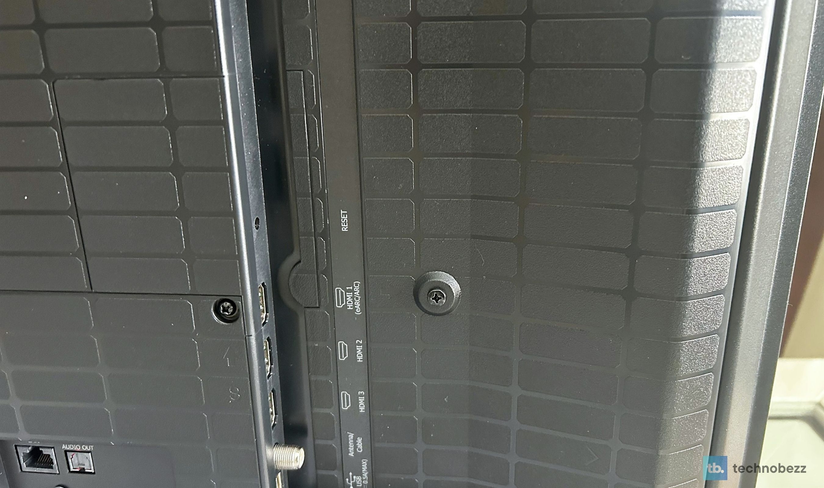 Rear port cluster on the Hisense M7SR with HDMI, Ethernet, optical audio out, and antenna input