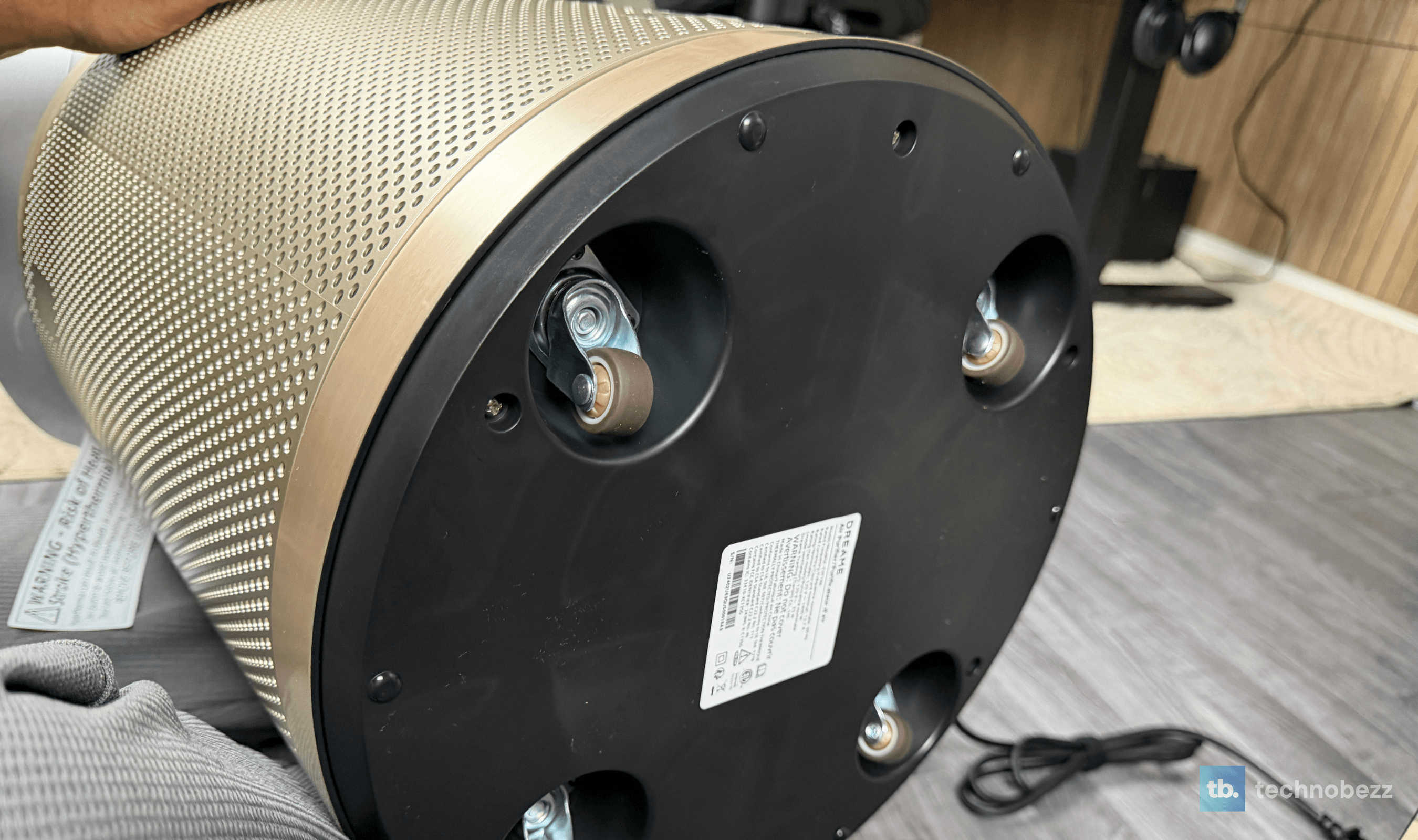 Underside of the Dreame AirPursue PM20's base, showing its hidden caster wheels