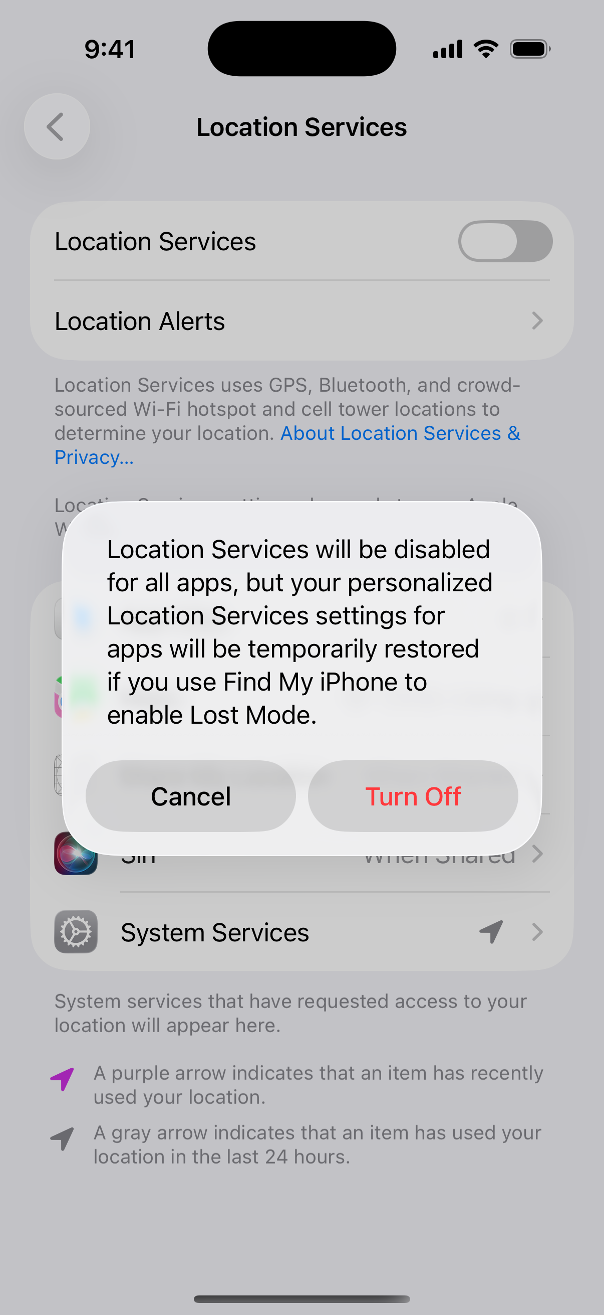 iPhone Location Services alert asking to confirm Turn Off