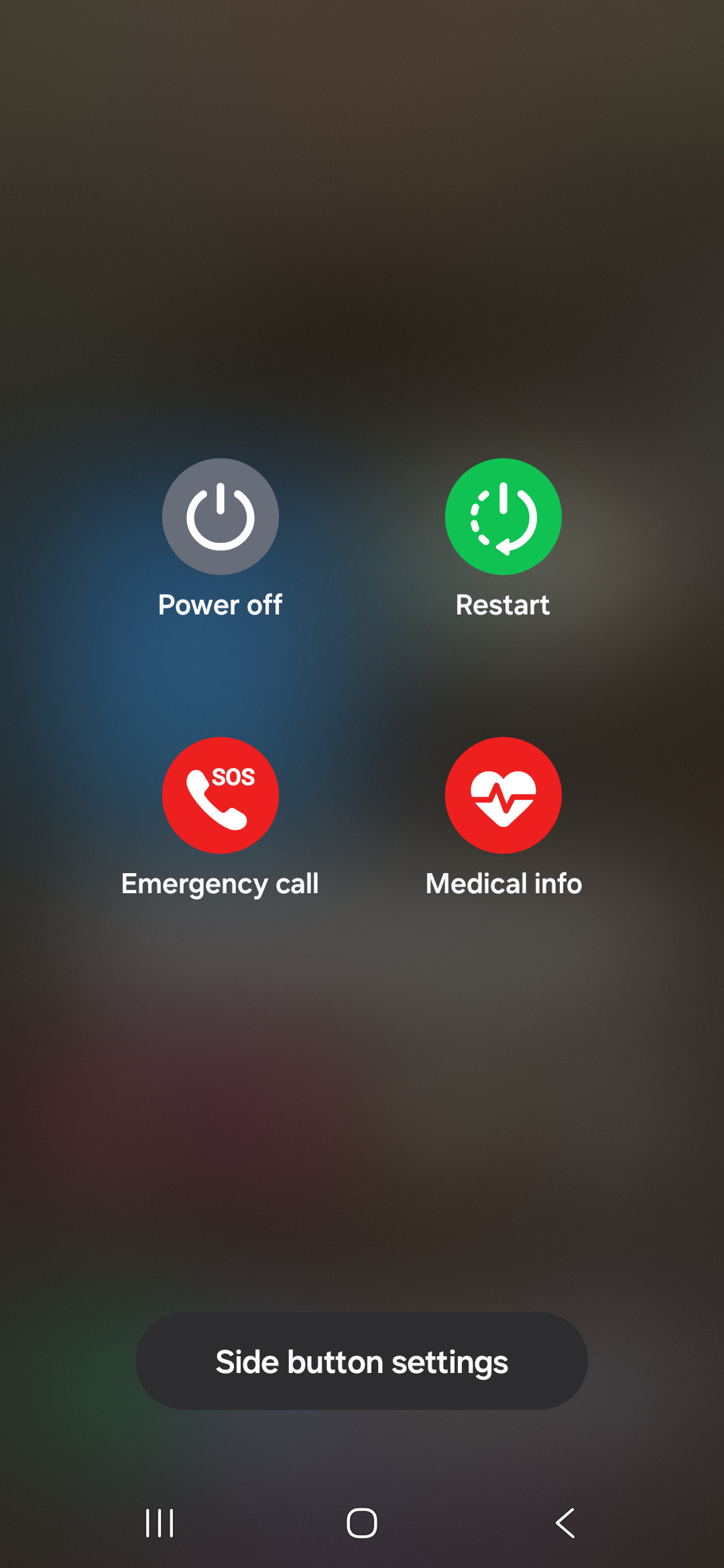 Samsung Galaxy power menu with Power off, Restart, Emergency call and Medical info