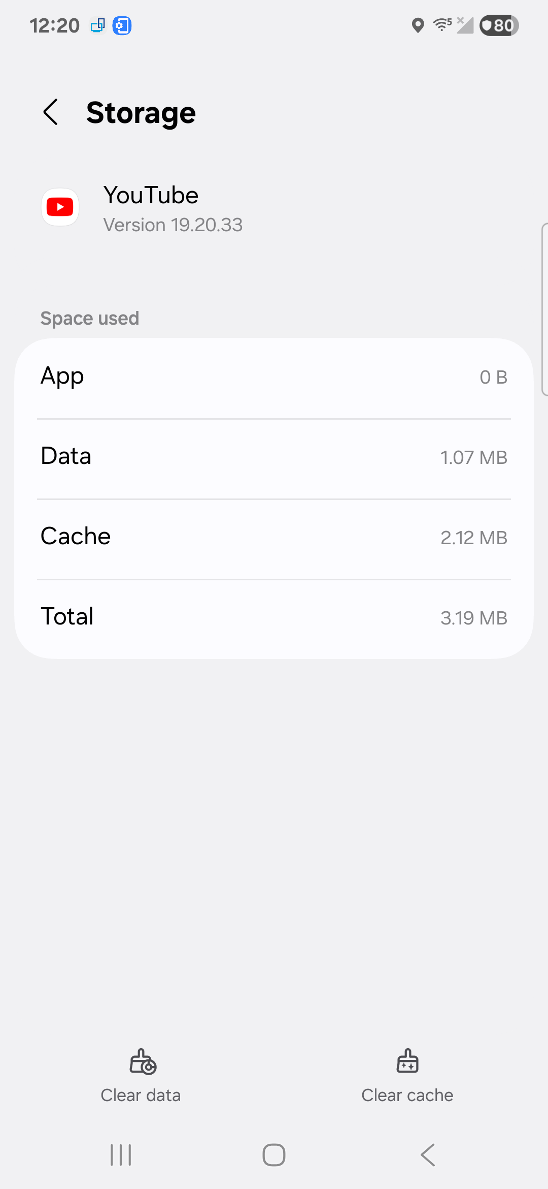 Samsung app Storage screen with App, Data, Cache and Total and the Clear data and Clear cache buttons
