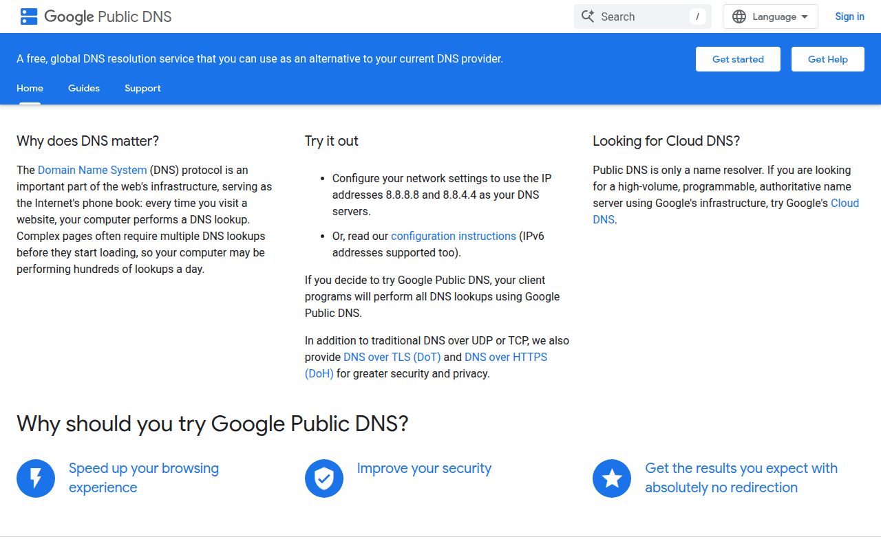 Google Public DNS official website