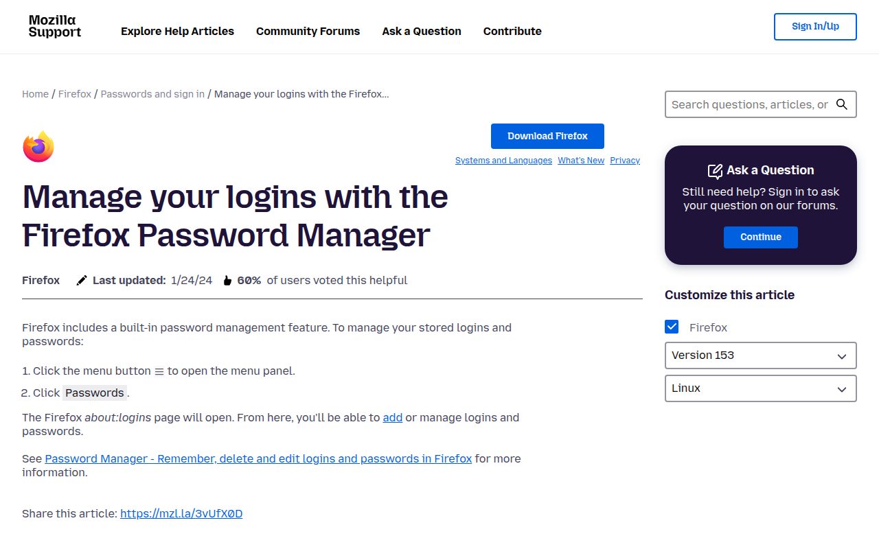Firefox Password Manager official website