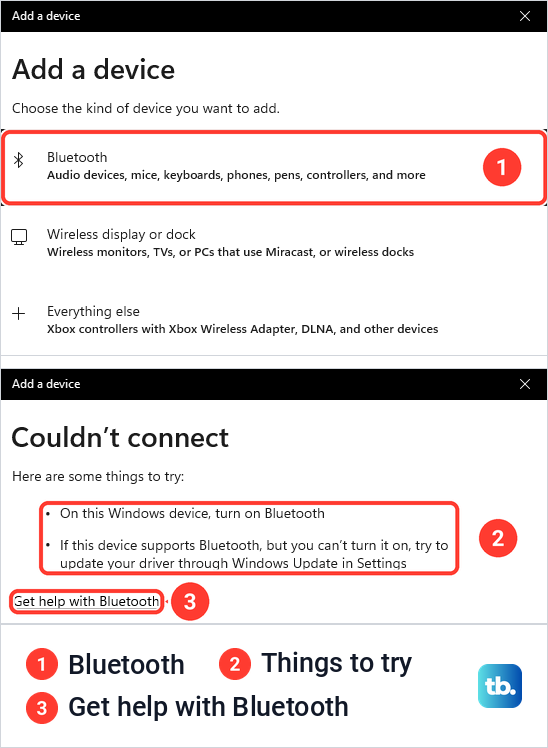 The Add a device box with Bluetooth at the top, then a Couldn't connect message listing two things to try.