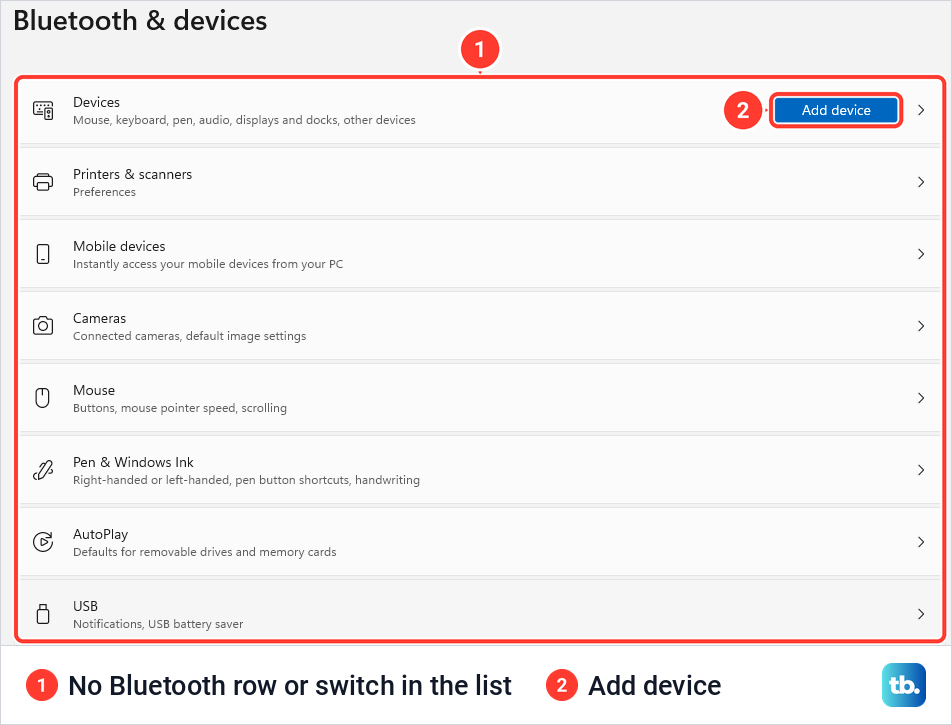 Windows 11 Bluetooth and devices settings page with no Bluetooth switch, starting with Devices and Add device.