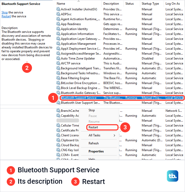 The Services window with Bluetooth Support Service selected and Running, and its right-click menu showing Restart.