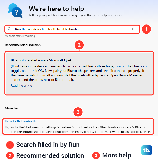 The Get Help app showing a Recommended solution card and More help entries after the Bluetooth troubleshooter search.