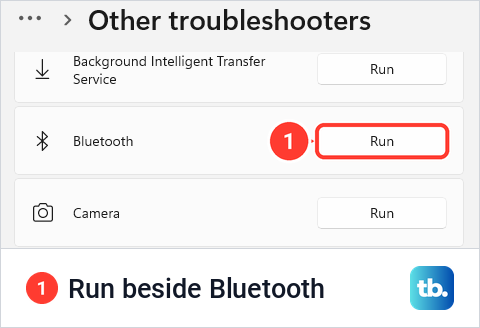 The Other troubleshooters page in Windows 11 Settings with the Run button beside Bluetooth.
