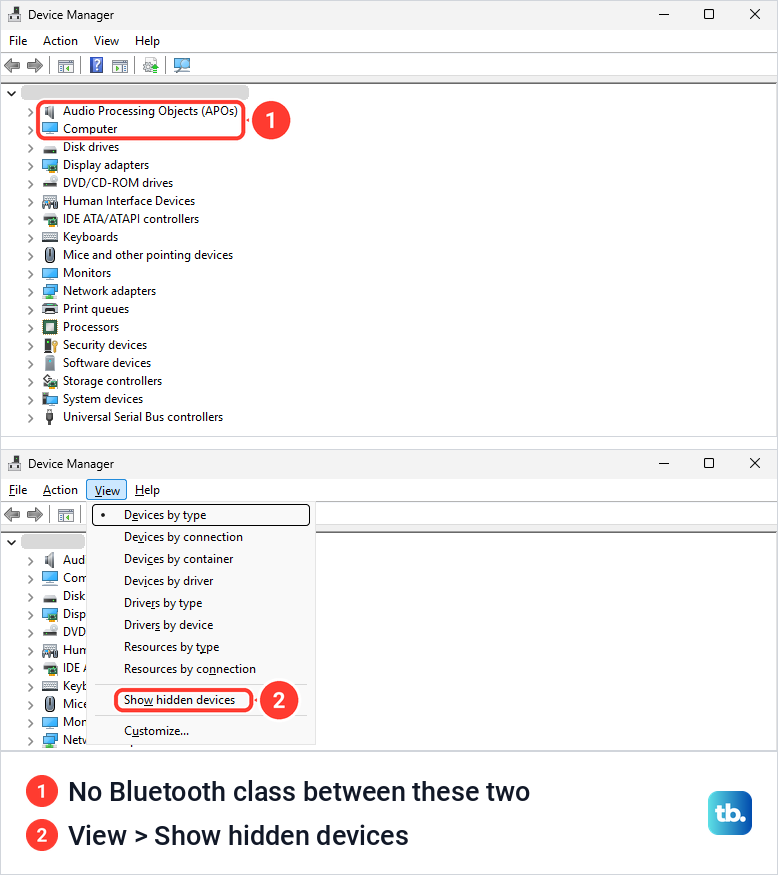 Device Manager listing device classes with no Bluetooth class, above the same window with its View menu open.