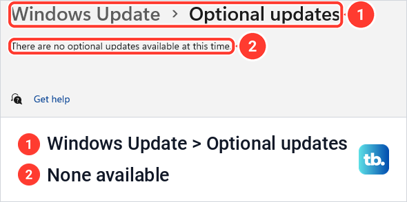 The Windows Update Optional updates page saying there are no optional updates available.