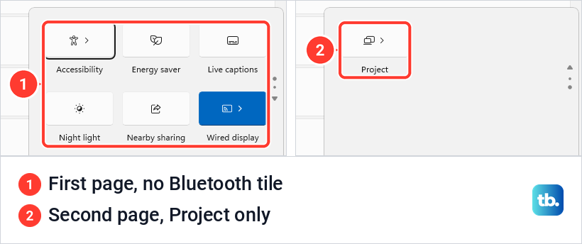 Windows 11 quick settings with no Bluetooth tile on either of its two pages of tiles.