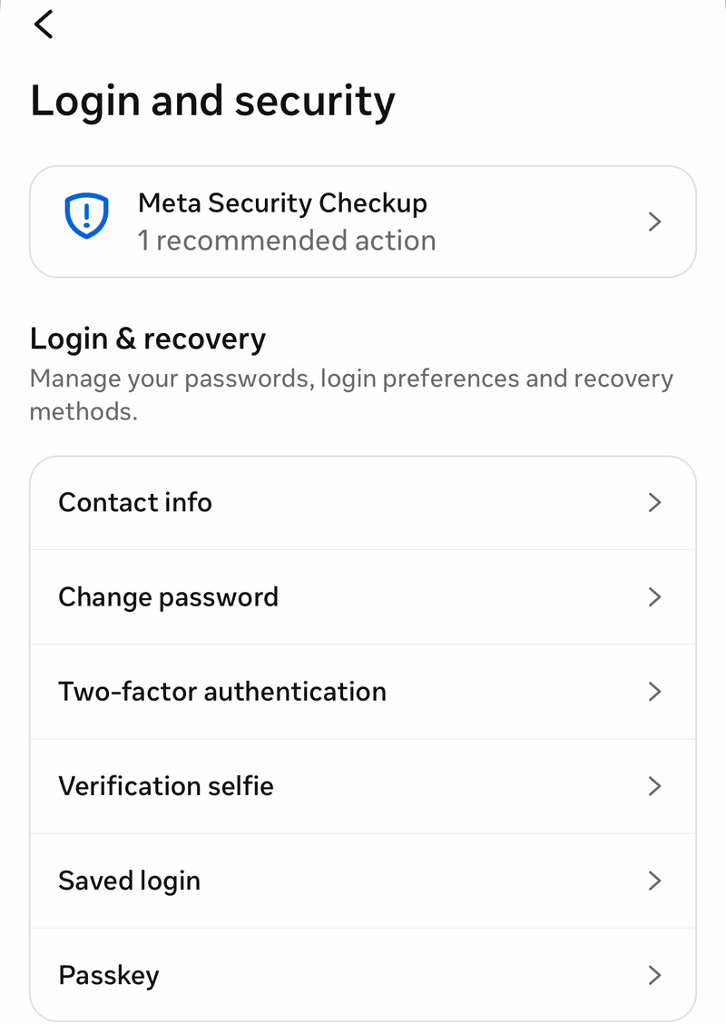 Facebook Login and security screen with Change password, Two-factor authentication and Passkey