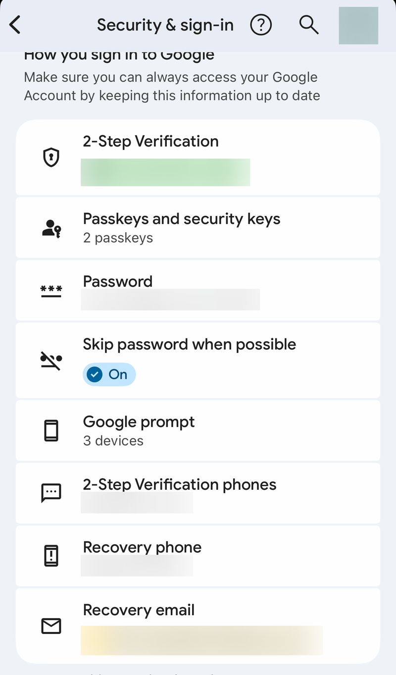 Google Account How you sign in to Google list with 2-Step Verification, passkeys and Password
