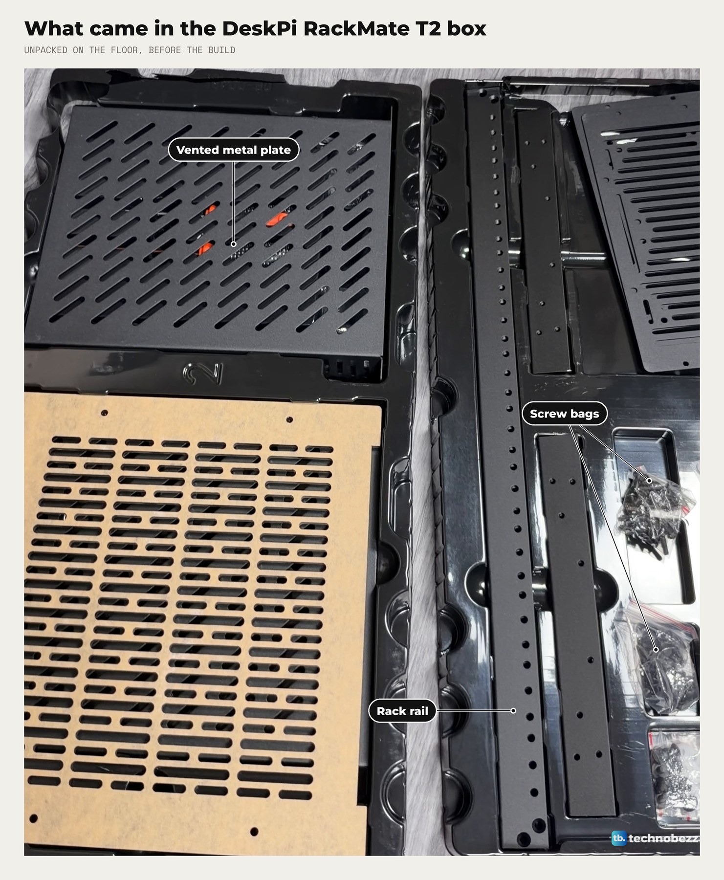 The DeskPi RackMate T2 parts in their trays on the floor with labels for a vented metal plate, a rack rail and the screw bags
