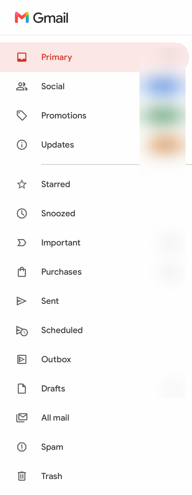 Gmail side menu on iPhone with Primary, Social, Starred, Sent, Outbox and Drafts
