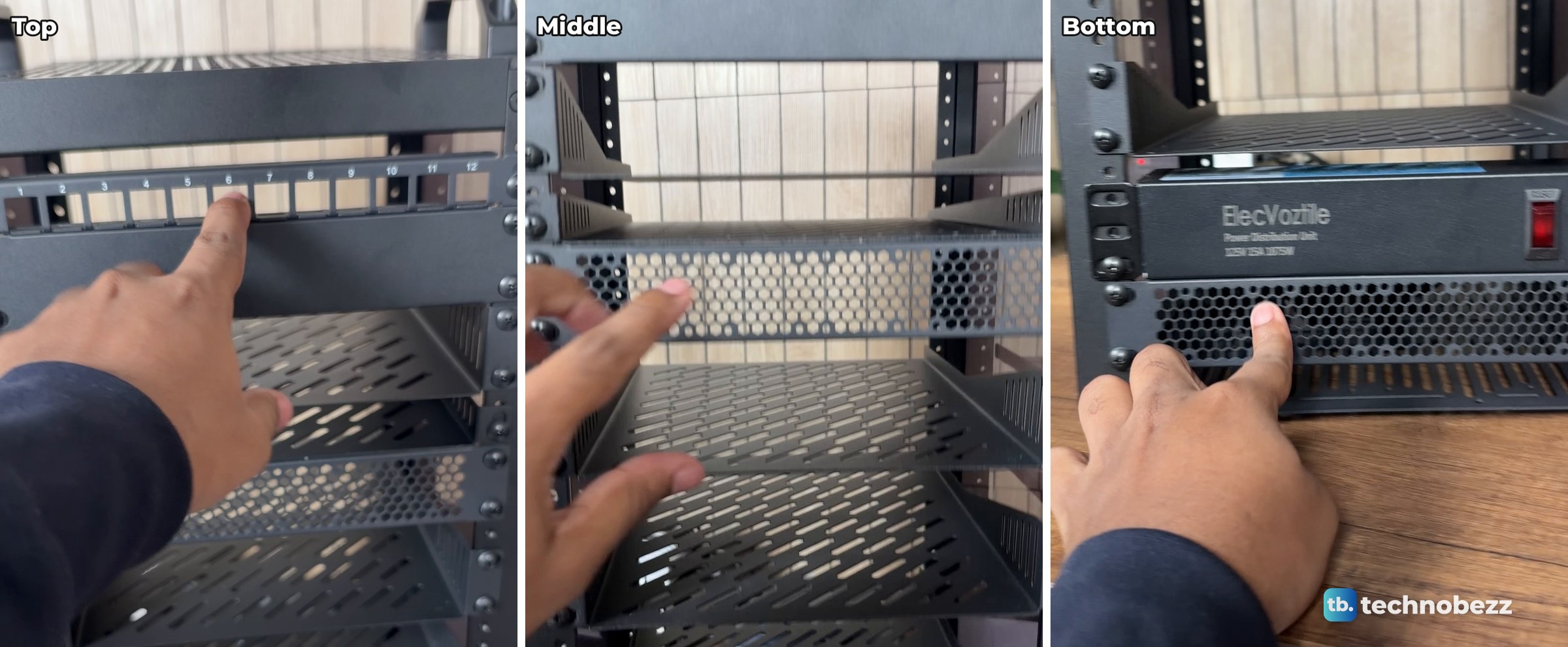 Three frames of a hand pointing at the empty rack, first at the patch panel at the top, then at the middle shelves, then at the panel near the power strip at the bottom