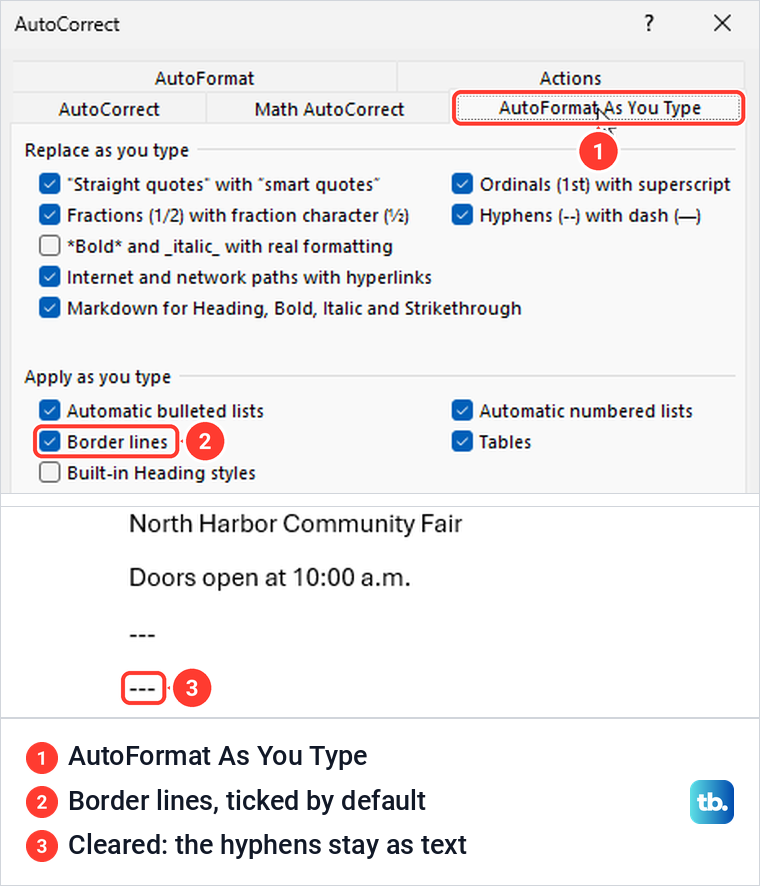 Word AutoCorrect dialog on AutoFormat As You Type with Border lines ticked, and hyphens left as text.
